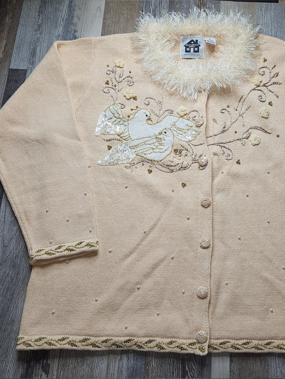 Storybook Knits Cardigan Sweater 2X Doves Heavy Beading ⁸